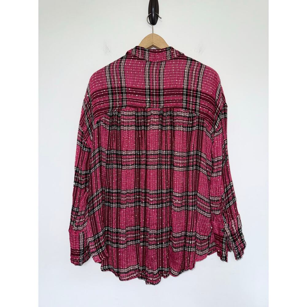 FREE PEOPLE red black tartan metallic Fearless Love oversized pullover top - Picture 8 of 11